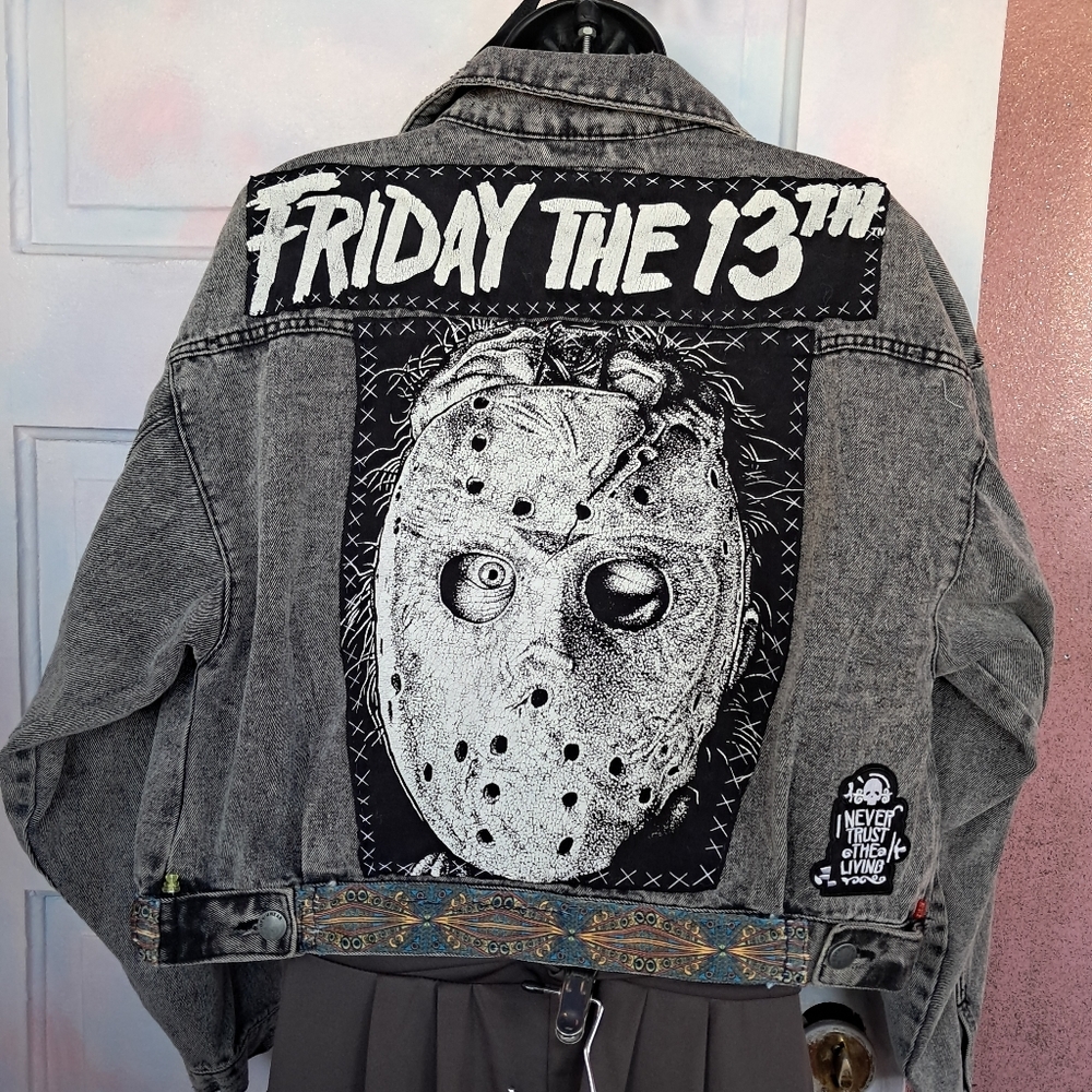 Custom RAGE Horror Cropped Grey Denim Jacket! OOAK Unique Fandom Wear! Friday 13